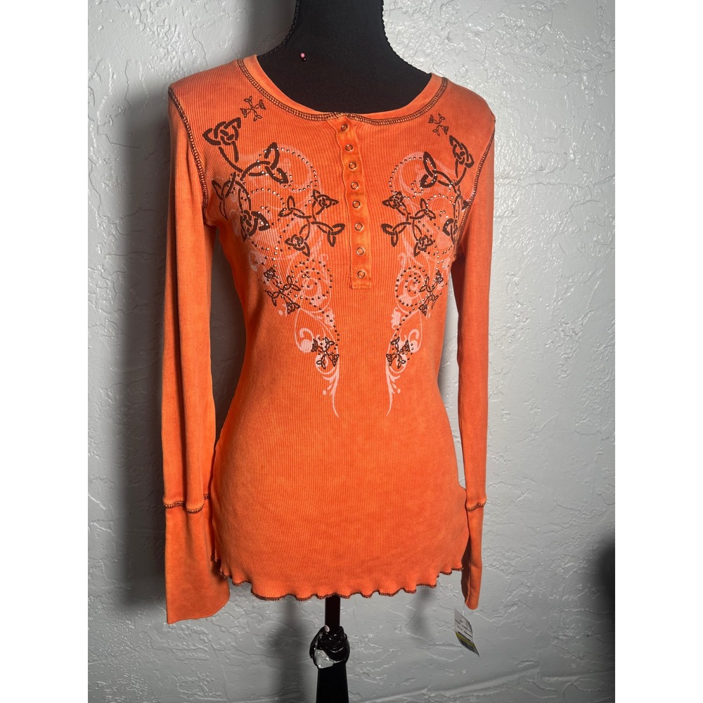 NWT One World Live Let Live M Orange Rhinestone Floral Henley Top Y2K